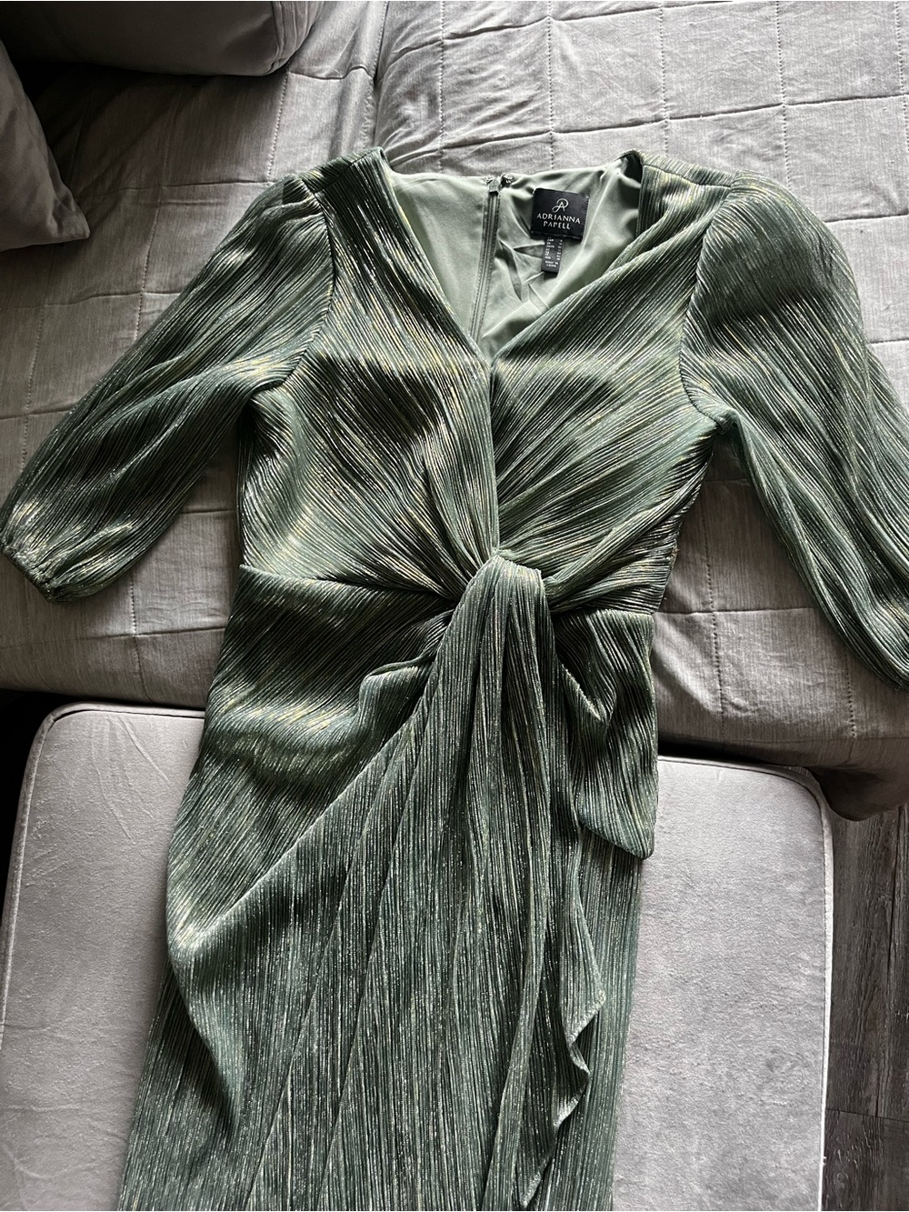 Adrianna Papell Olive Green Metallic Wrap Maxi Dress with Tie - Picture 3 of 4